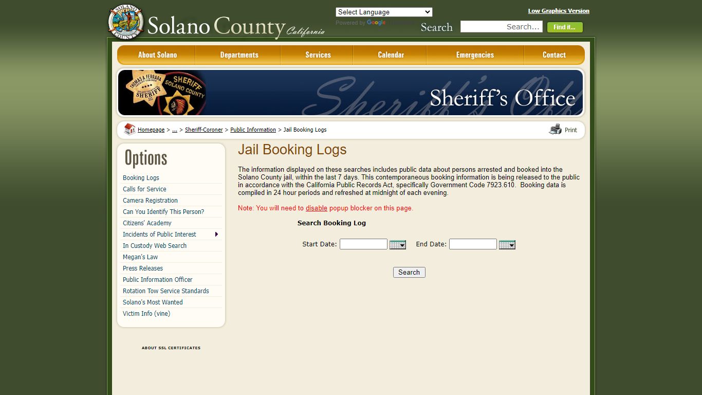 Solano County - Jail Booking Logs